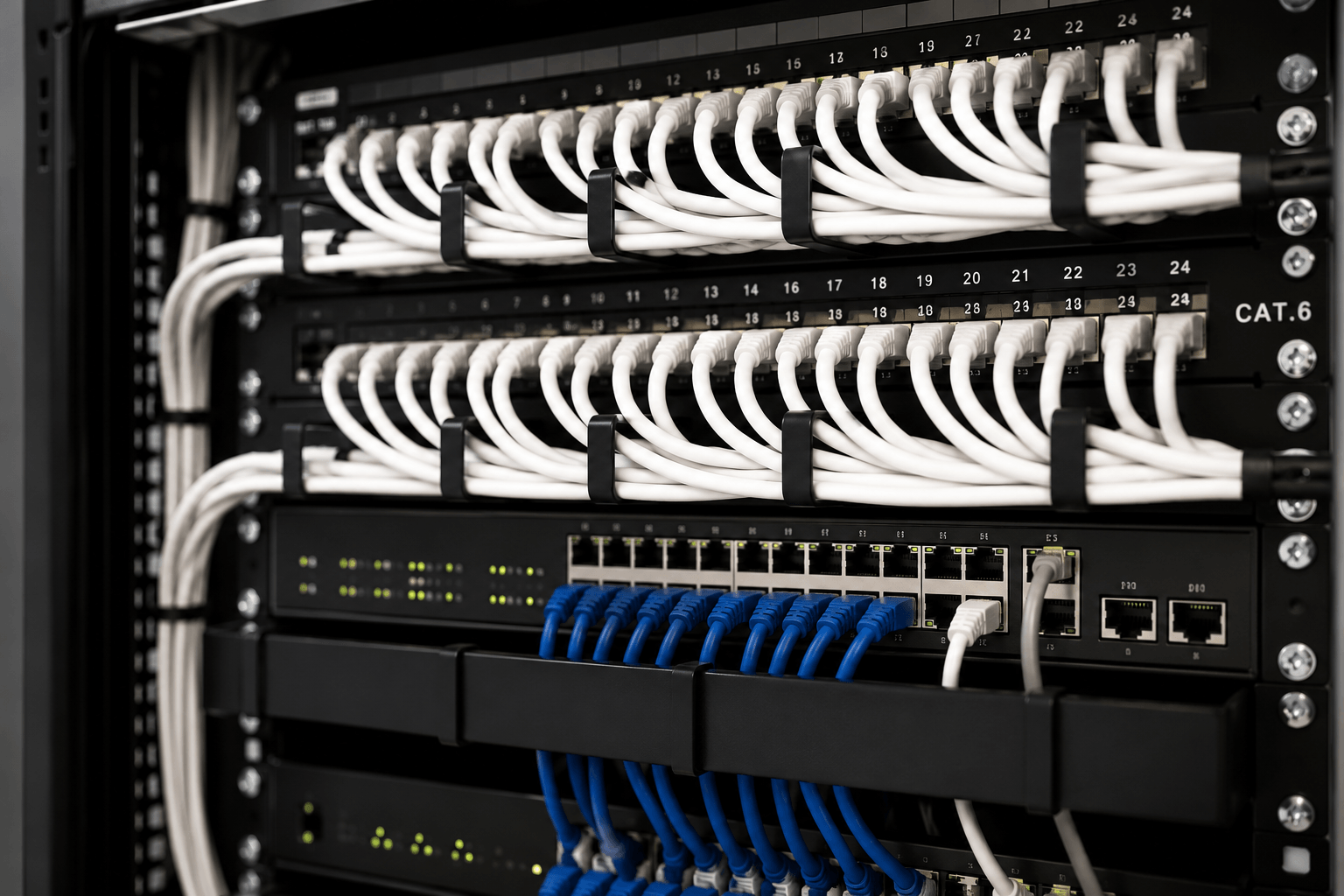 Serverrack med netværksudstyr, switche og kabler til en IT-infrastruktur